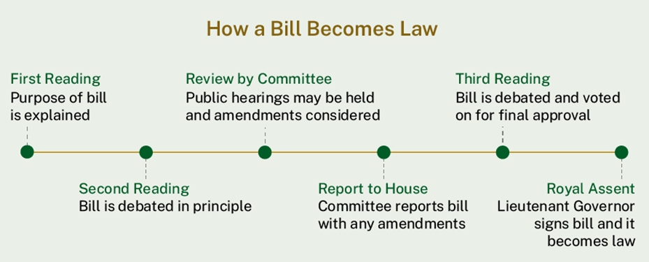 This graphic shows how a bill becomes a law. It begins at First Reading when the purpose of the bill is explained. At Second Reading the bill is debated in principle. Then the bill is reviewed by Committee, and public hearings may be held. The Committee reports to the House with any amendments and then the bill is voted on for final approval. The Lieutenant Governor signs the bill and it becomes law.