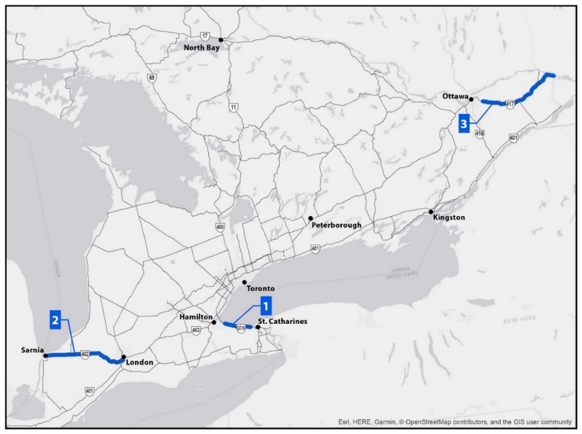 une carte avec une ligne bleue entre Hamilton et St. Catharines, une ligne bleue entre Sarnia et London et une ligne bleue d'Ottawa jusqu'au bord de la carte