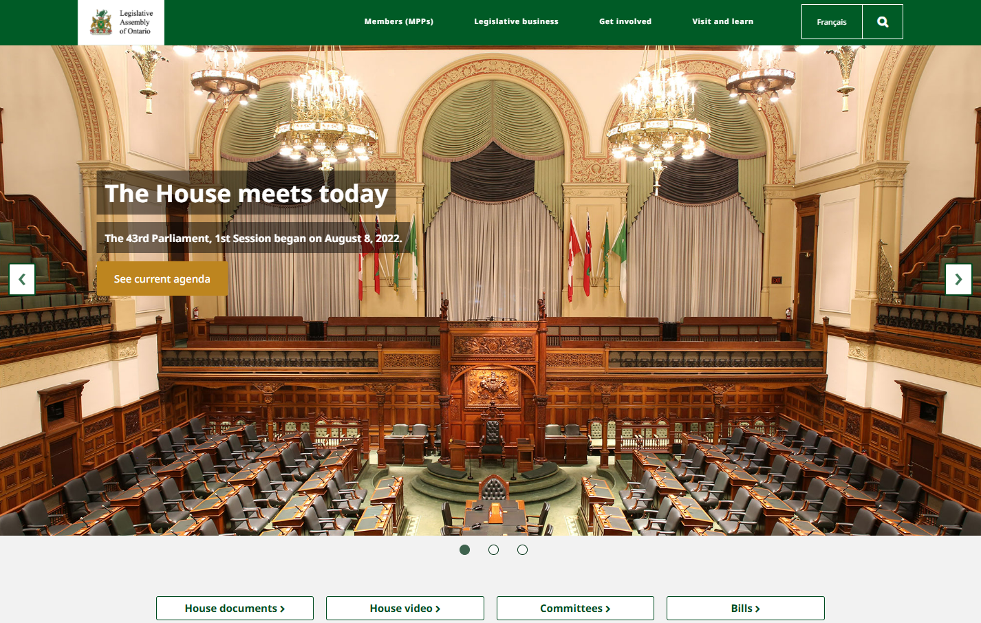 Screenshot of the Legislative Assembly of Ontario’s website home page.