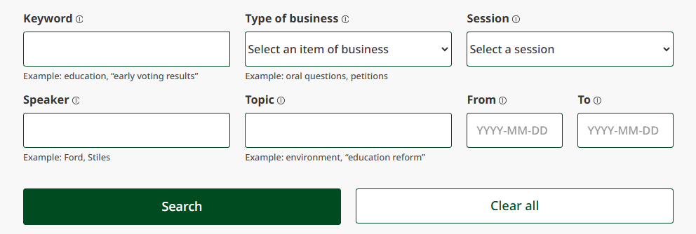 screenshot of Hansard search interface