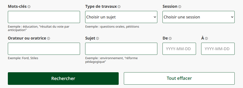 capture d'écran de l'interface de recherche du Hansard