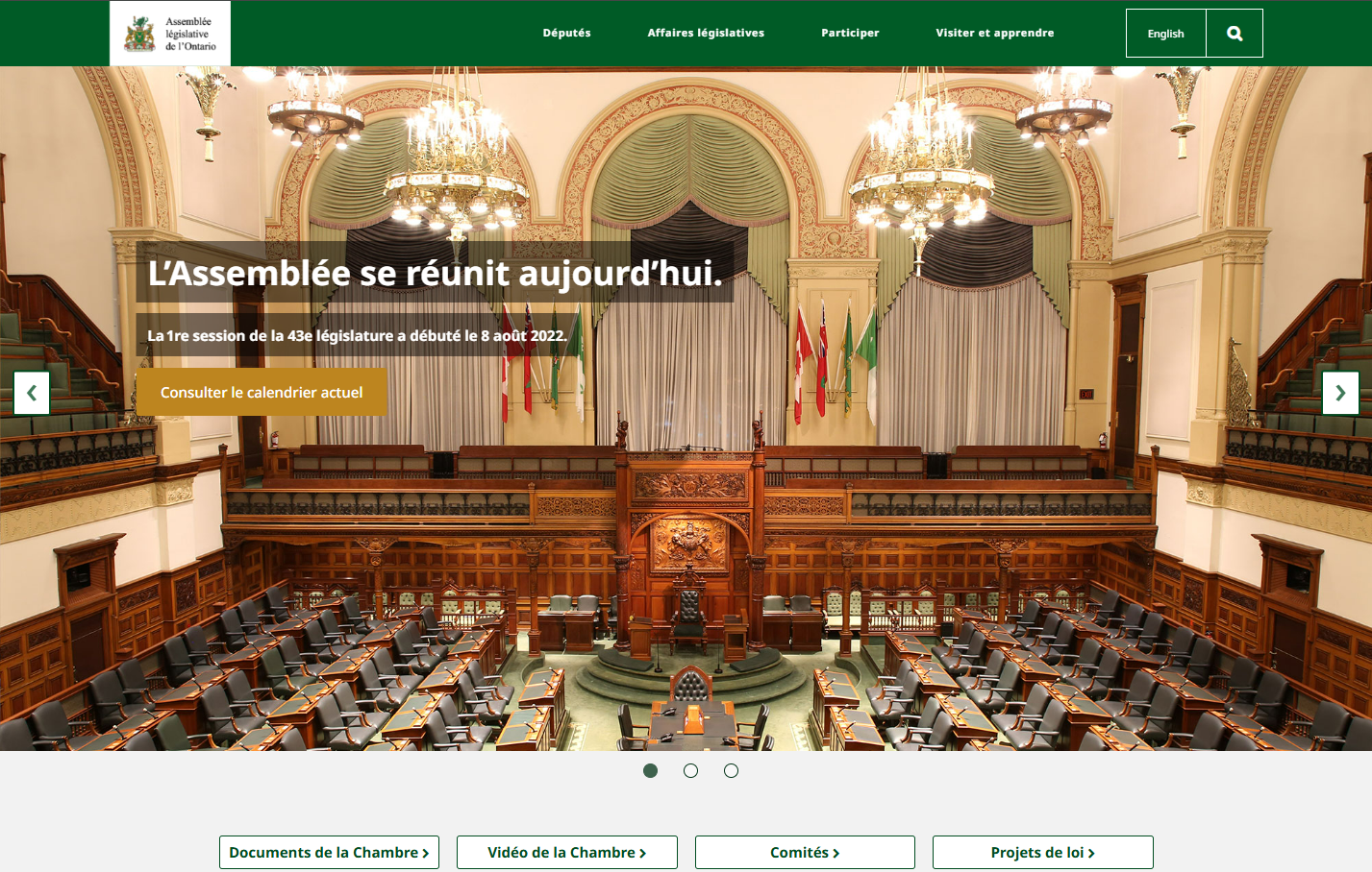 Capture d’écran de la page d'accueil du site Web de l’Assemblée législative de l’Ontario.