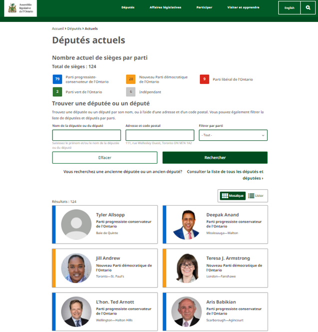 Capture d’écran de la nouvelle page des députées et députés actuels. 