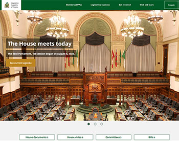 Capture d’écran de la page d'accueil du site Web de l’Assemblée législative de l’Ontario.