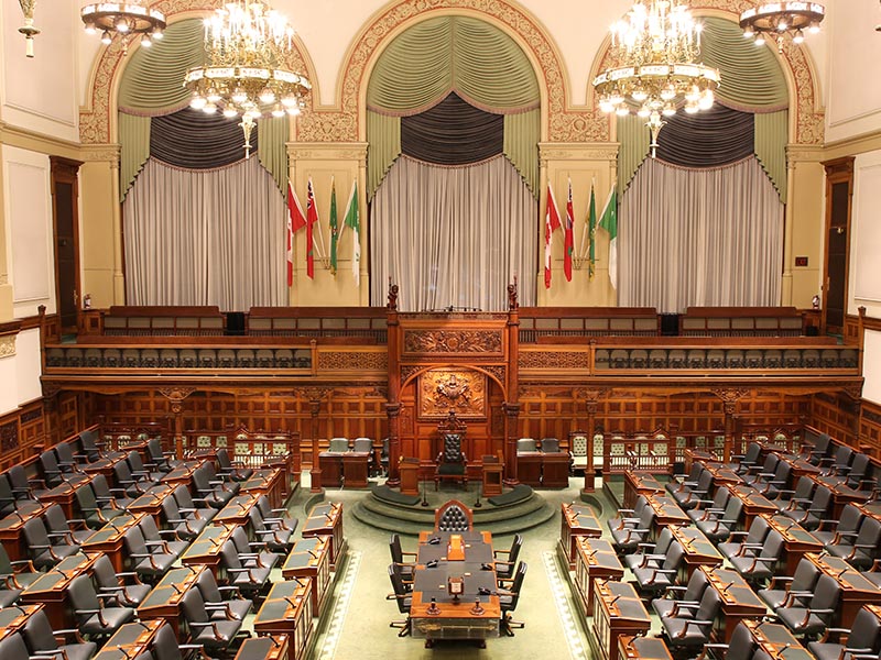 a panoramic view of the empty Legislative Chamber